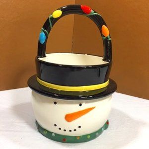 Snowman Cermaic Decorative Painted Basket Bowl w/ Handle 8"x5.5"
